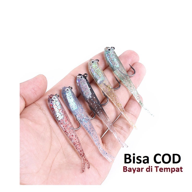 Umpan Casting Ikan Teri Tiruan 7cm/5gr Soft Lure Dengan Kail Pancing Timah Ekor Rumbai Bercabang