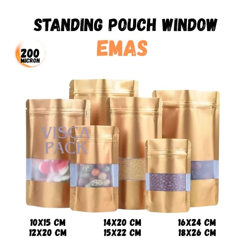 50 PCS EMAS KEMASAN MAKANAN STANDING POUCH ALUMINIUMFOIL WINDOW PLASTIK SNACK ZIPLOCK PACKING PREMIU