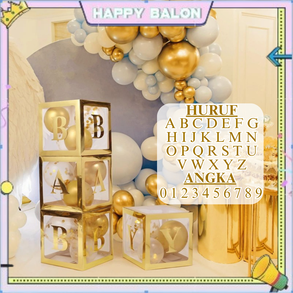 Kotak Balon Transparan Emas 25*25 cm Surat Stiker Nama DIY Untuk Dekorasi Pesta UlangTahun Pernikaha