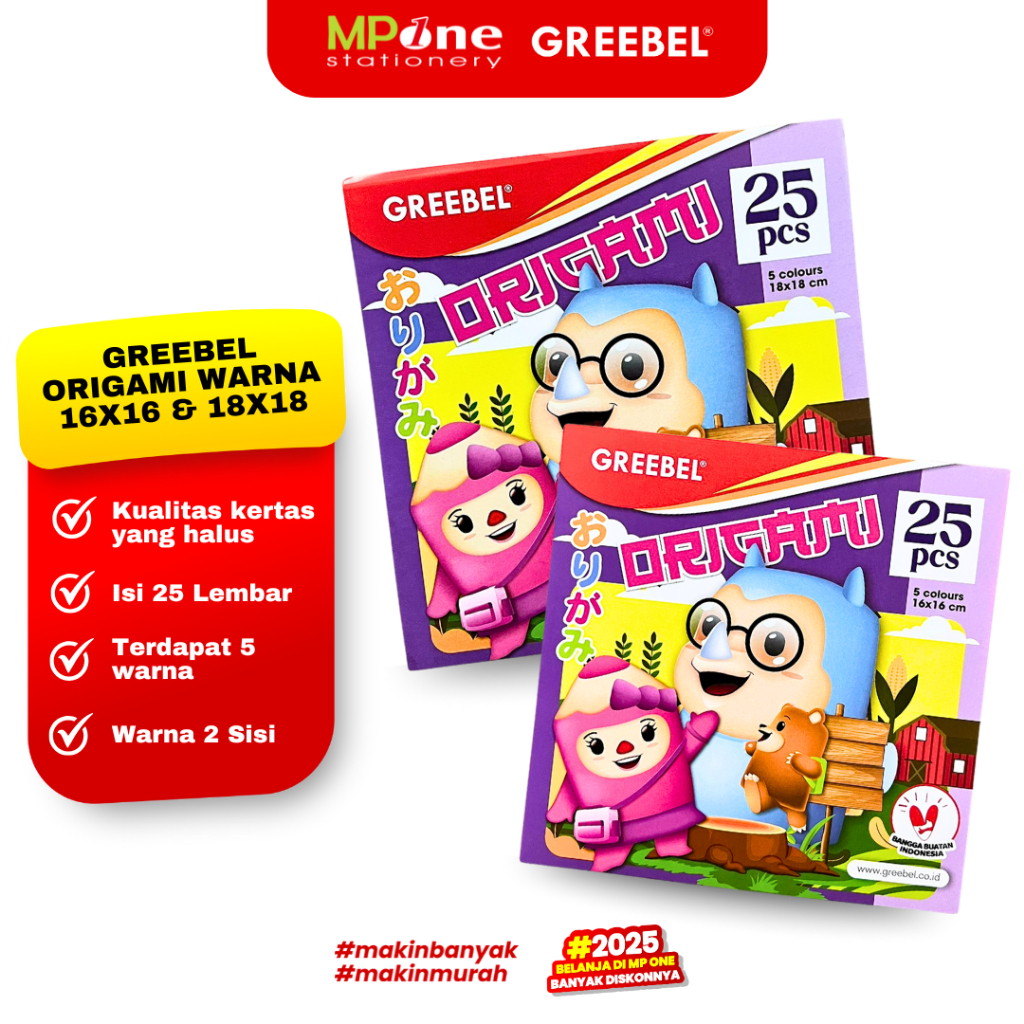 

(1 PACK) Greebel Origami Warna Warni 2 Sisi Isi 25 Lembar Ukuran Besar / Origami Kertas Lipat Warna Depan Belakang 16x16 , 18x18 cm