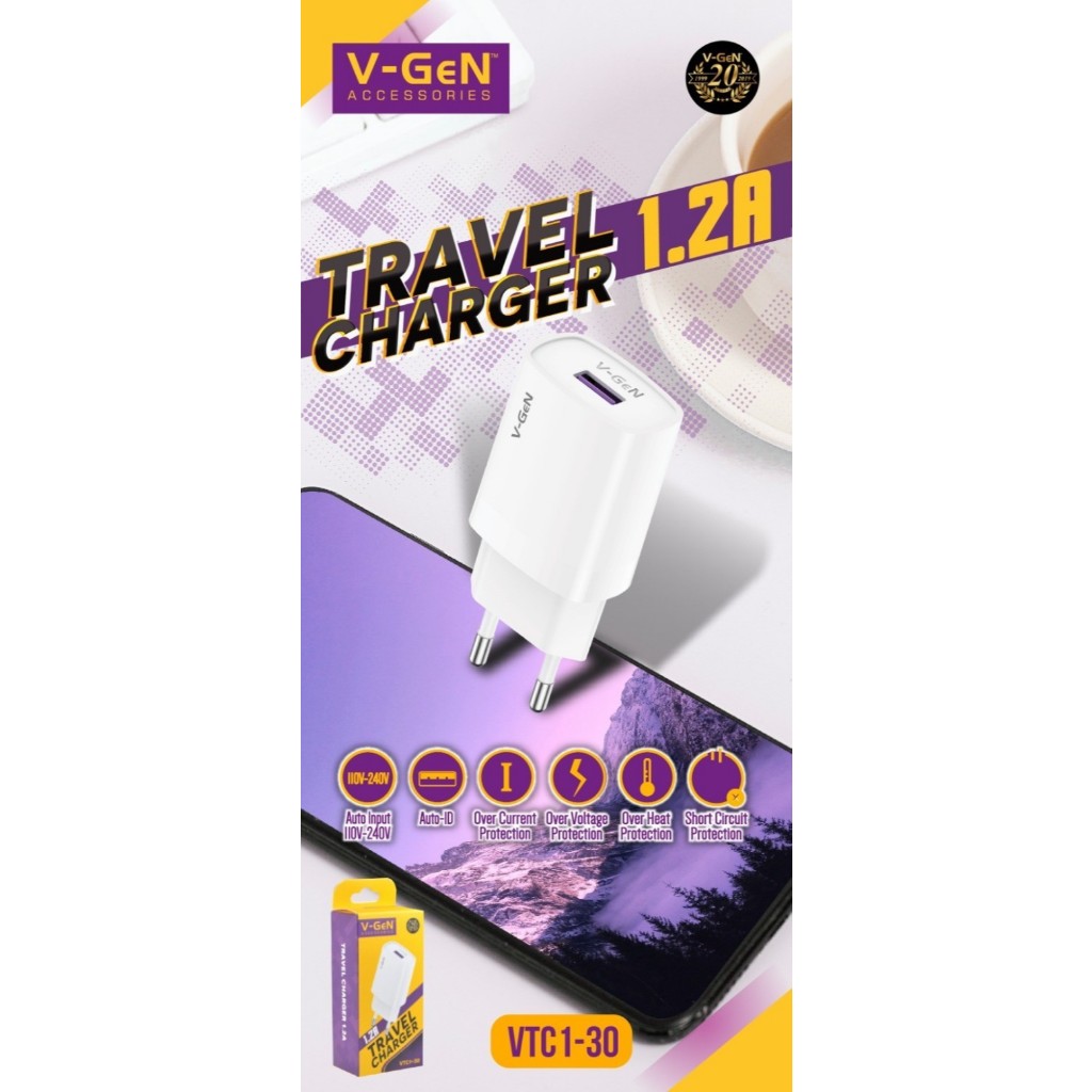 Adaptor Charger V-GeN VTC1-30 1.2A Travel Charger VGEN | Kepala Charger V-Gen