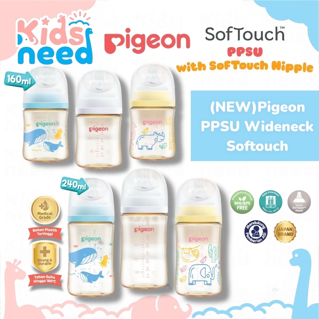 NEW PORODUK (NEW)BOTOL PIGEON PPSU ORIGINAL 100% BIOMASS-PPSU WIDE NECK 160ML 240ML WITH SOFTOUCH