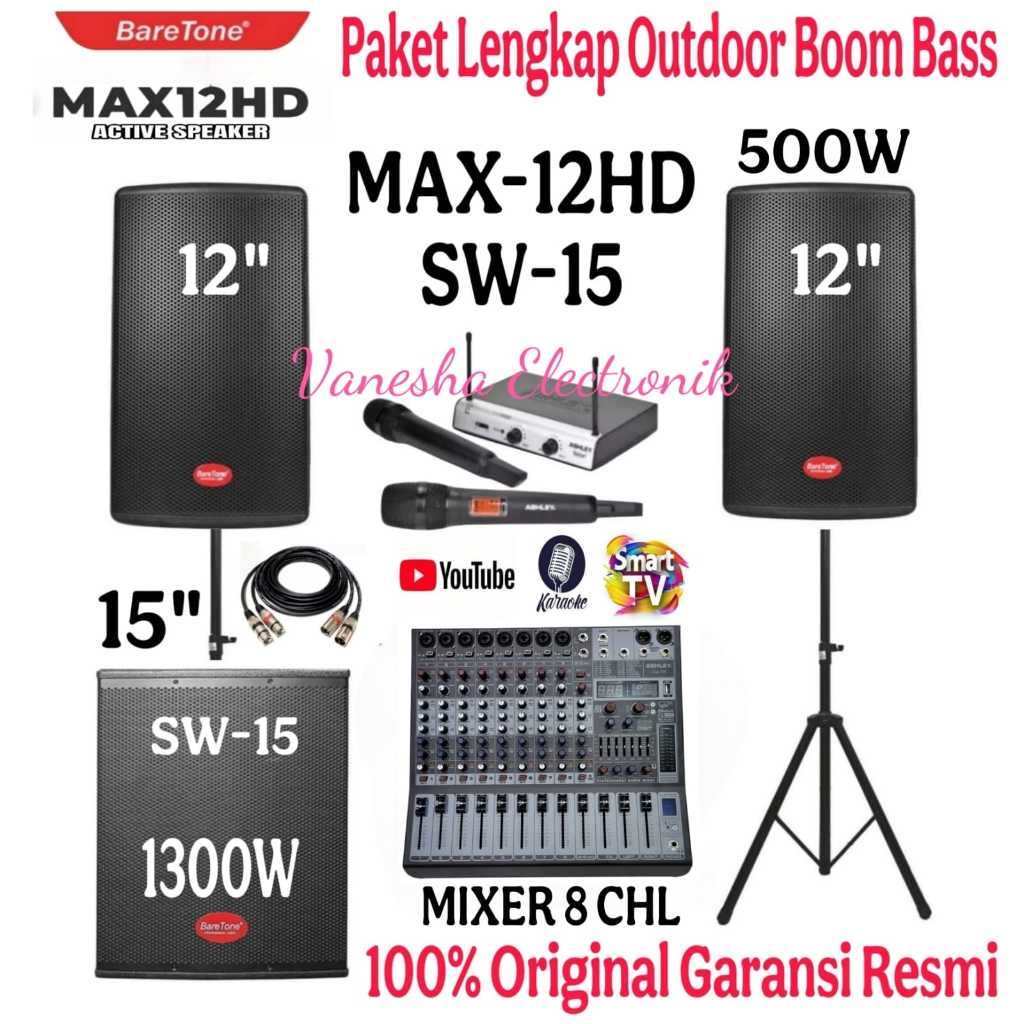 Promo Paket Sound System Speaker Aktif 12 Inch Baretone MAX12HD+Subwoofer Baretone 18 Inch+Mixer Ash