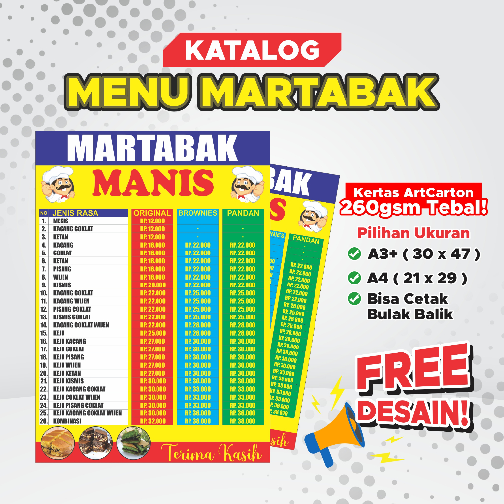 

Cetak Daftar Menu Martabak Bangka & Martabak Mini | ArtCarton 260 gsm | COD Free Desain