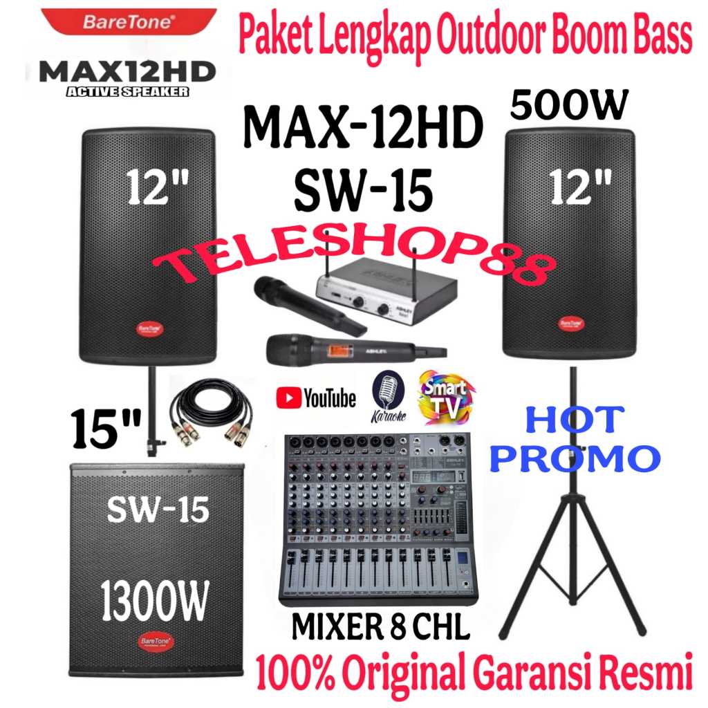Promo Paket Sound System Speaker Aktif 12 Inch Baretone MAX12HD+Subwoofer Baretone 15 Inch+Mixer Ash