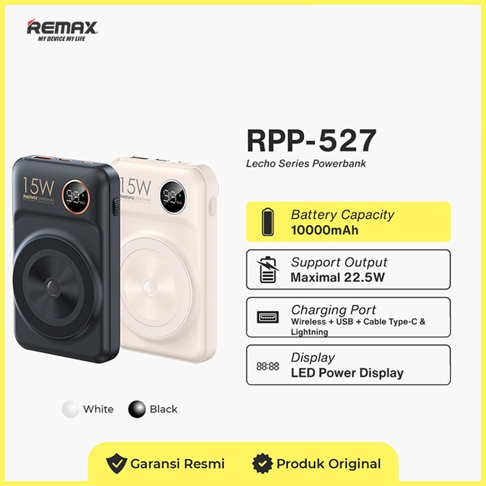Powerbank Remax Power Bank Wireless 10000Mah PD+Qc 20W+22.5W Lecho Series RPP-527 Pasti Ori