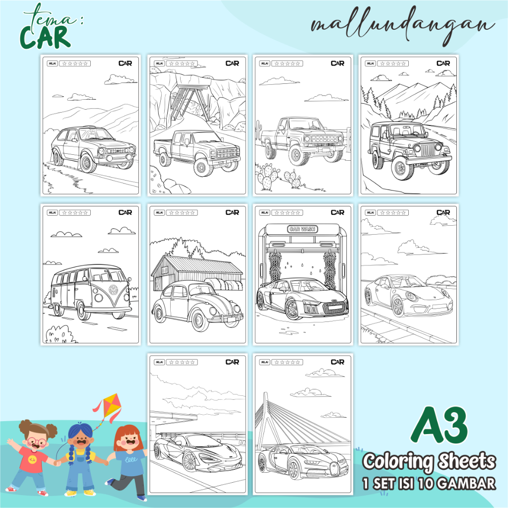 

LEMBARAN MEWARNAI ANAK A3 - TEMA CAR - PAPER COLORING SHEETS FOR KIDS