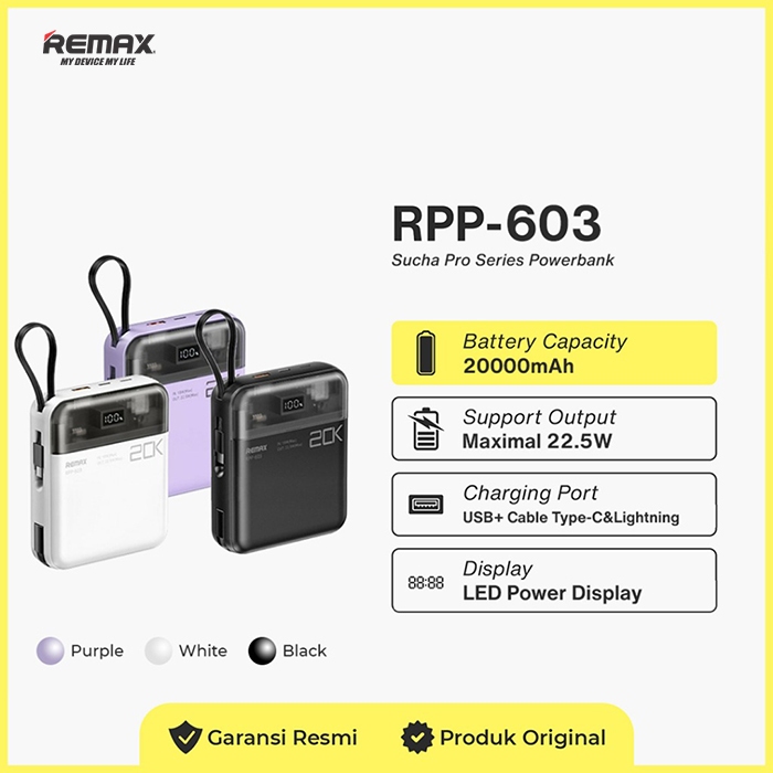Powerbank Remax Power Bank 10000Mah PD+Qc 20W+22.5W Sucha Pro Series RPP-603 Pasti Ori
