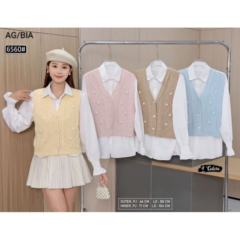 Atasan Verst Rajut Import - Blouse Wanita Import 2In1 - Kemeja Putih + Rompi Rajut Import - Kemeja R