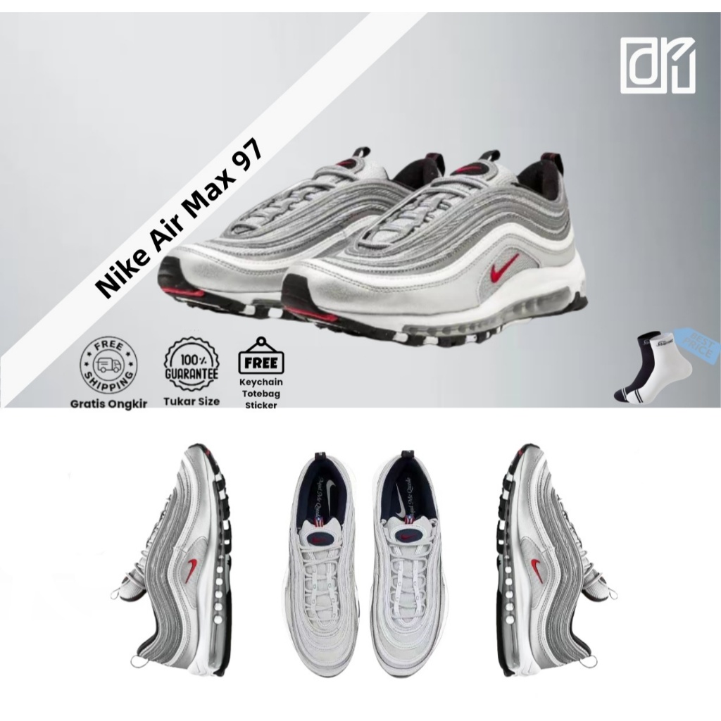 Sepatu lari low - cut Nike Air Max 97, terbuat dari kain dan sintetis kulit.