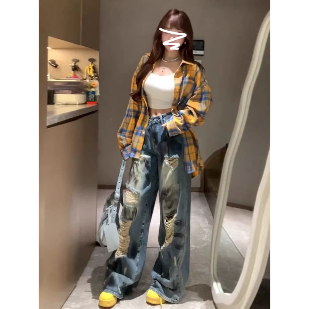 Kemeja Wanita Soso Kemeja Lengan Panjang Kotak-Kotak Kuning Wanita, Kemeja Longgar Kemeja Wanita