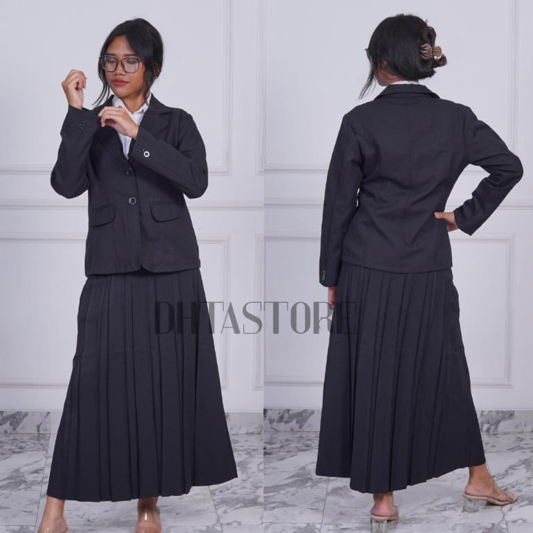 DHTASTORE - One Set Blazer Wanita Setelan Rok Plisket