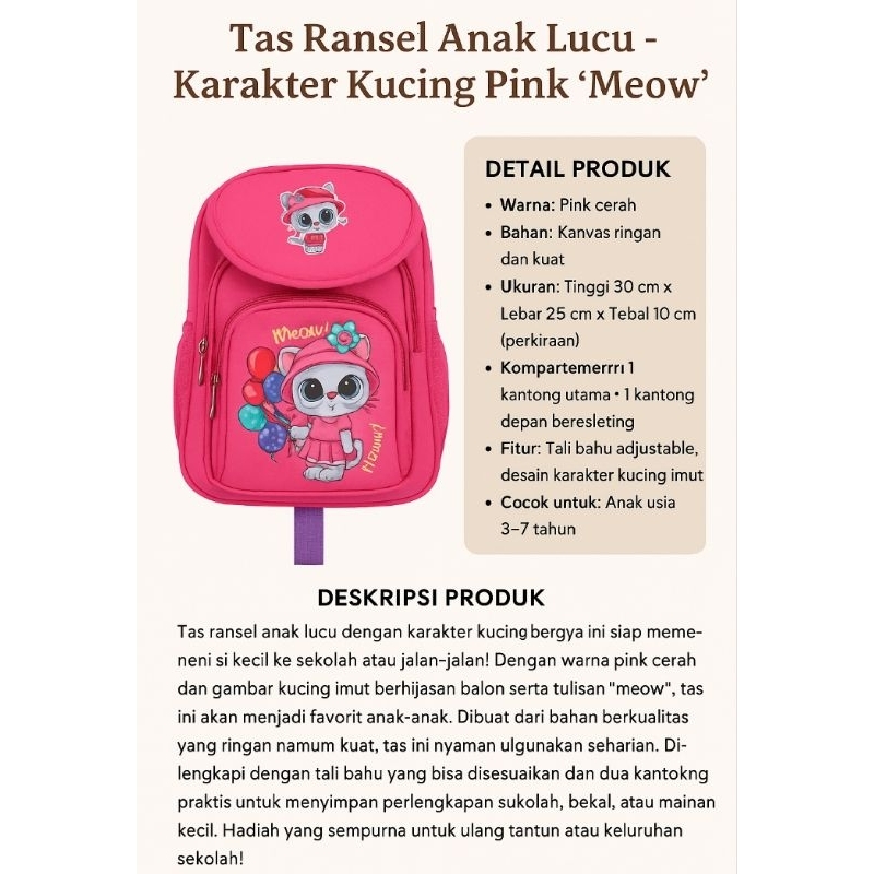 Tas Ransel Anak Lucu - Karakter Kucing Pink "Meow"