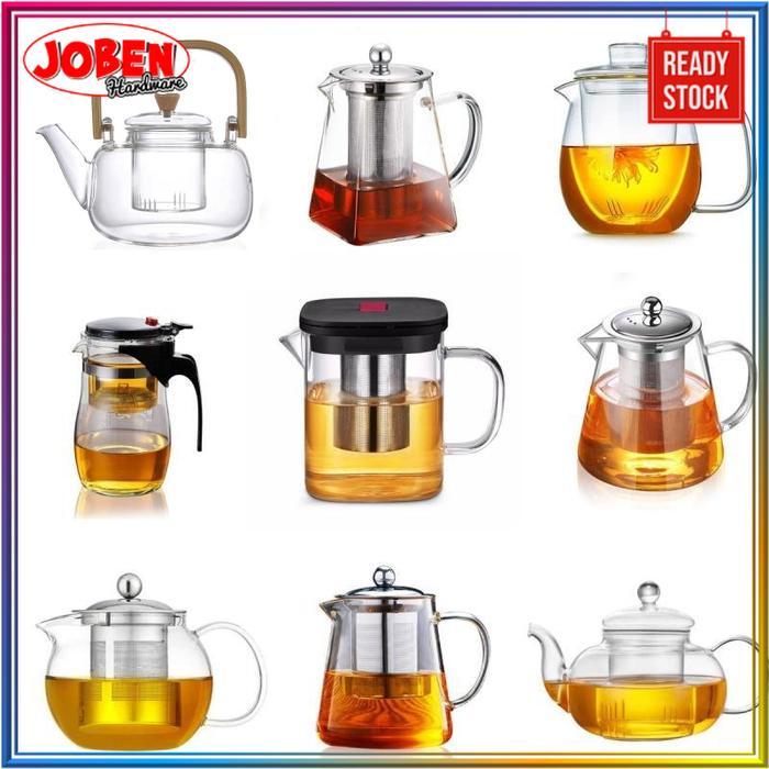 Teko Teh Kaca Borosilikat Tahan Panas Untuk Teh Ukuran Besar - Kecil Infuser Bening Set Teh Ceret