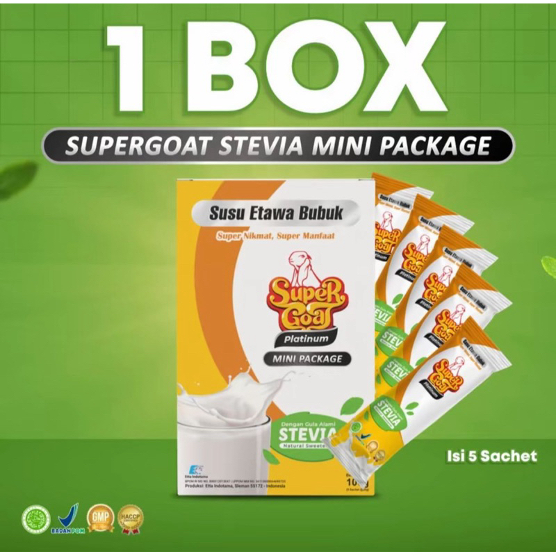 

Mini Package Supergoat Stevia Platinum Kemasan Sachet- Susu Kambing Supergoat Mini Pakage 1 Box isi 5 Sachet- Susu Khusus Menurunkan Diabetes