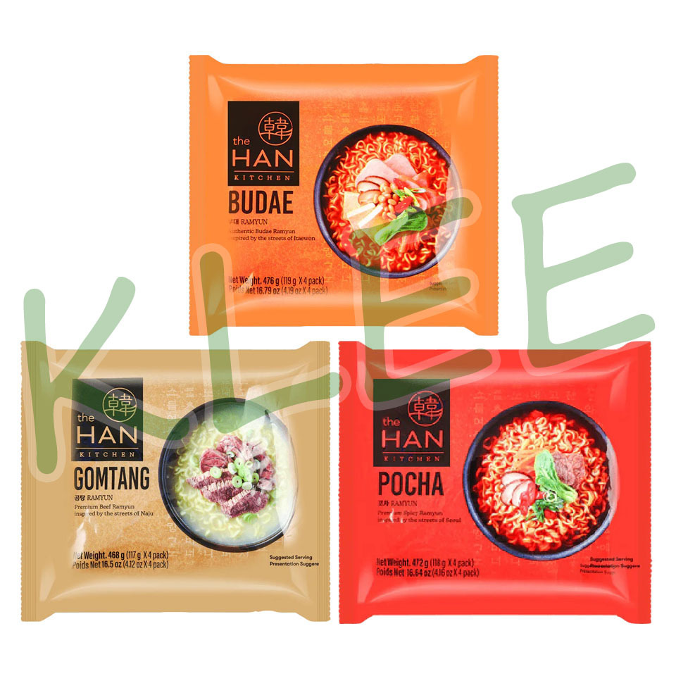 

The Han Kitchen Ramyun Noodle - Mie Instant Korea - Ramen The Han Khas Korea - Budae Jiigae Ramyun - Premium Beef Gomtang Ramyun - Premium Spicy Pocha Ramyun 117-119g