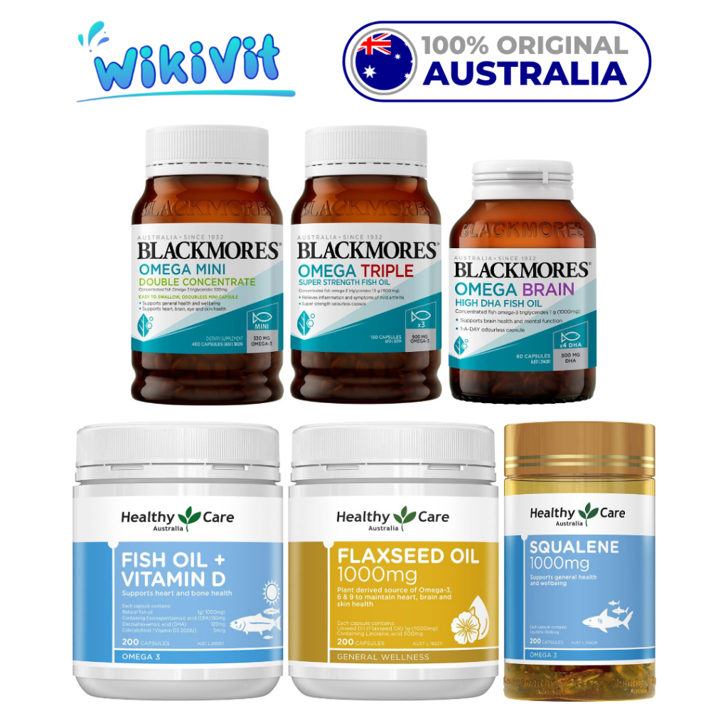 HEALTHY CARE Fish Oil + Vitamin D 200 Capsules Vit D / Flaxseed 1000mg Omega 3-6-9 3 6 9 369 / Squal