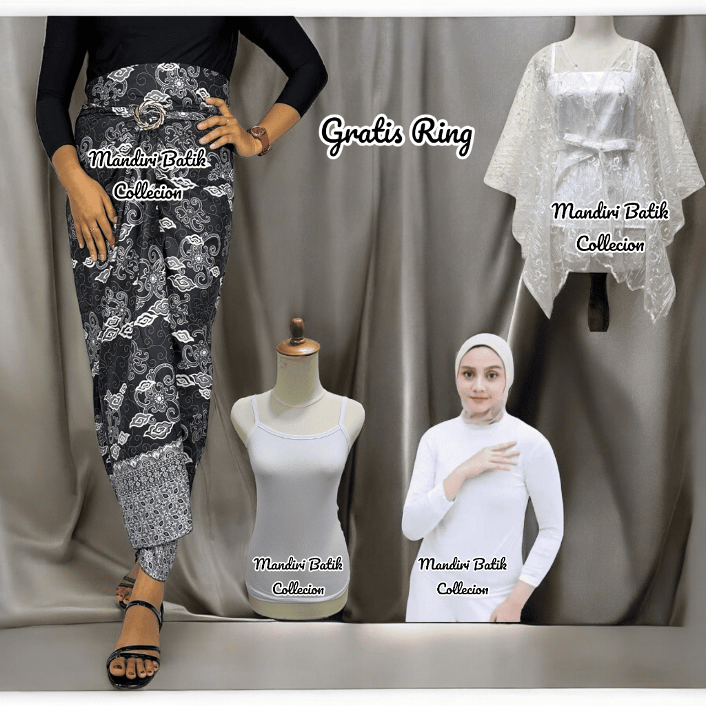 Setelan - OneSet Rok Lilit Bawahan Wanita Megamendung Silver Atasan Outer Putih Dan Manset Putih