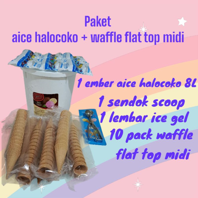 

paket ice cream aice neopolitan halocoko 8 liter + waffle flat top midi/paket ice cream ulang tahun/paket acara sunatan/ice cream aice 3in1/eskrim aice neopolitan/es krim bucket/ ice cream murah bekasi/eskrim emberan