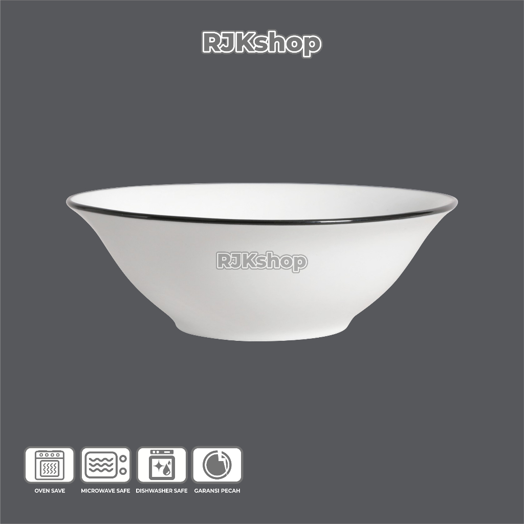 RJKshop MANGKOK KERAMIK BAKSO PUTIH LIST HITAM 7inch BLACK LINING POLOS