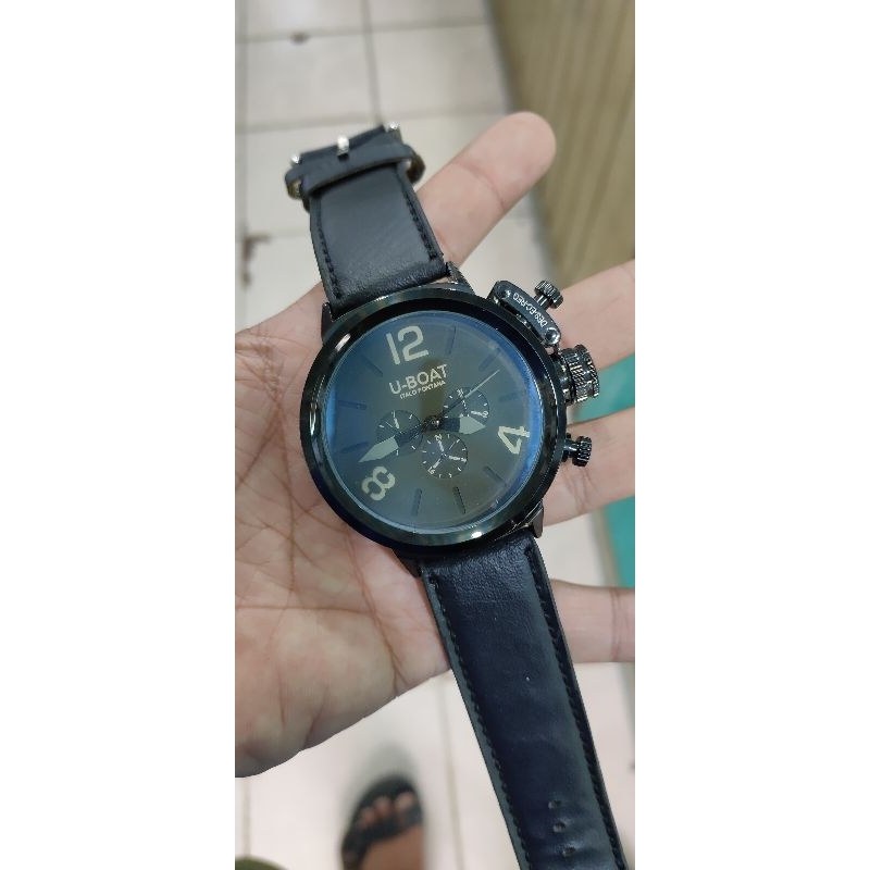 jam tangan pria sport otomatis chronograph all black stainles steel U boat strap kulit