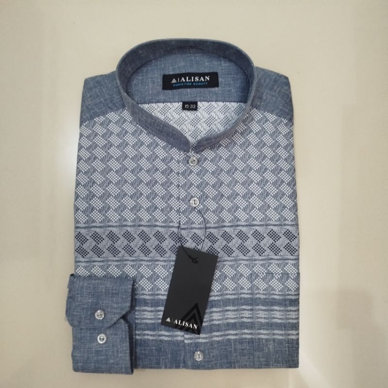 Alisan Koko Fashion Motif Kotak Kotak Abu Lengan Panjang Reguler