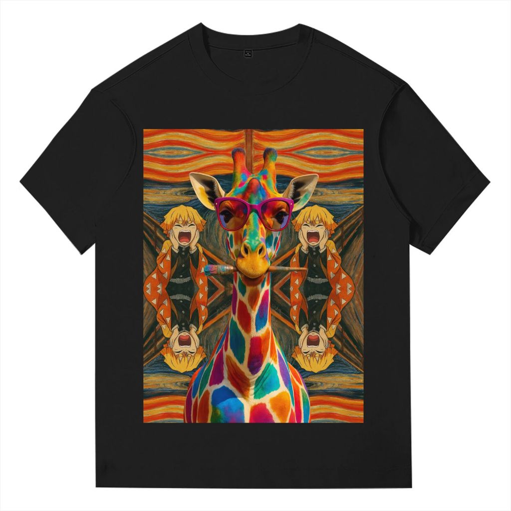 Kaos Pria Hitam Jerapah Warna-Warni - Desain Seni Kreatif (Kacamata Ungu + Gambar Anime) - Bahan Kat