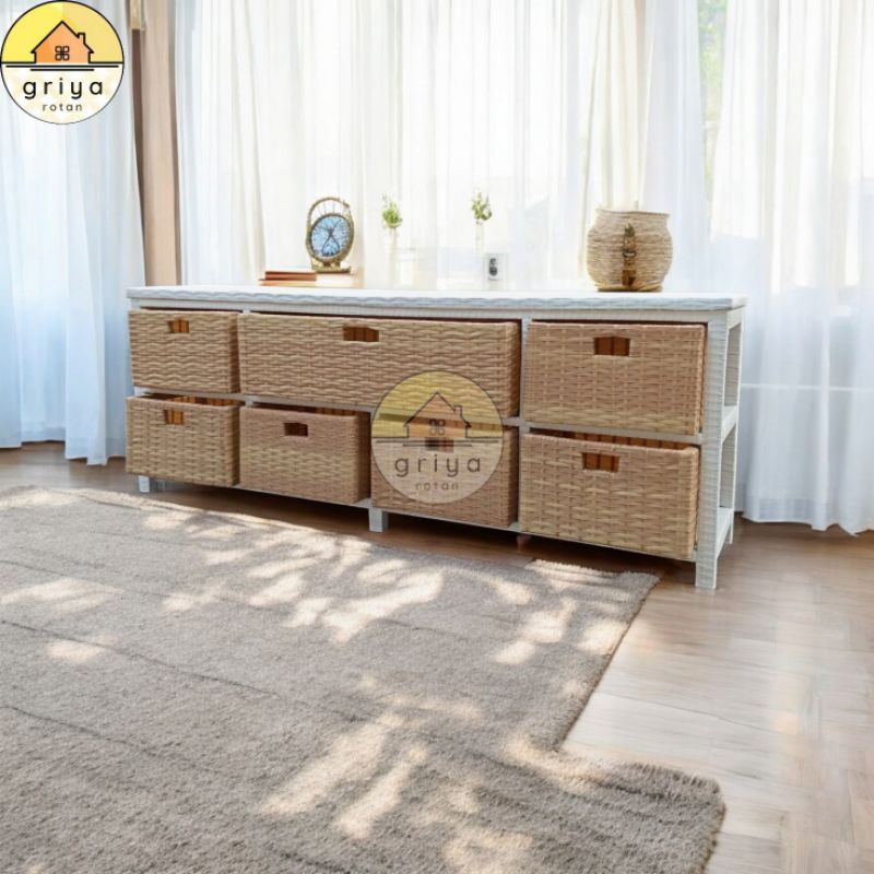 RM499 Lemari Rotan Sintetis Laci 8 Panjang Meja Tv Minimalis Rak Susun Plastik Murah