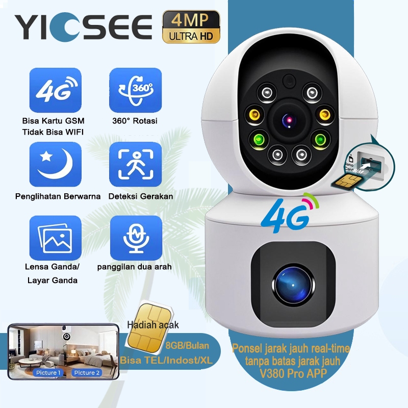 Yicsee Cctv 4g Sim Card All Operator Indoor SimCard kamera Gsm Jarak Jauh Lewat Hp Dual Lens 4MP