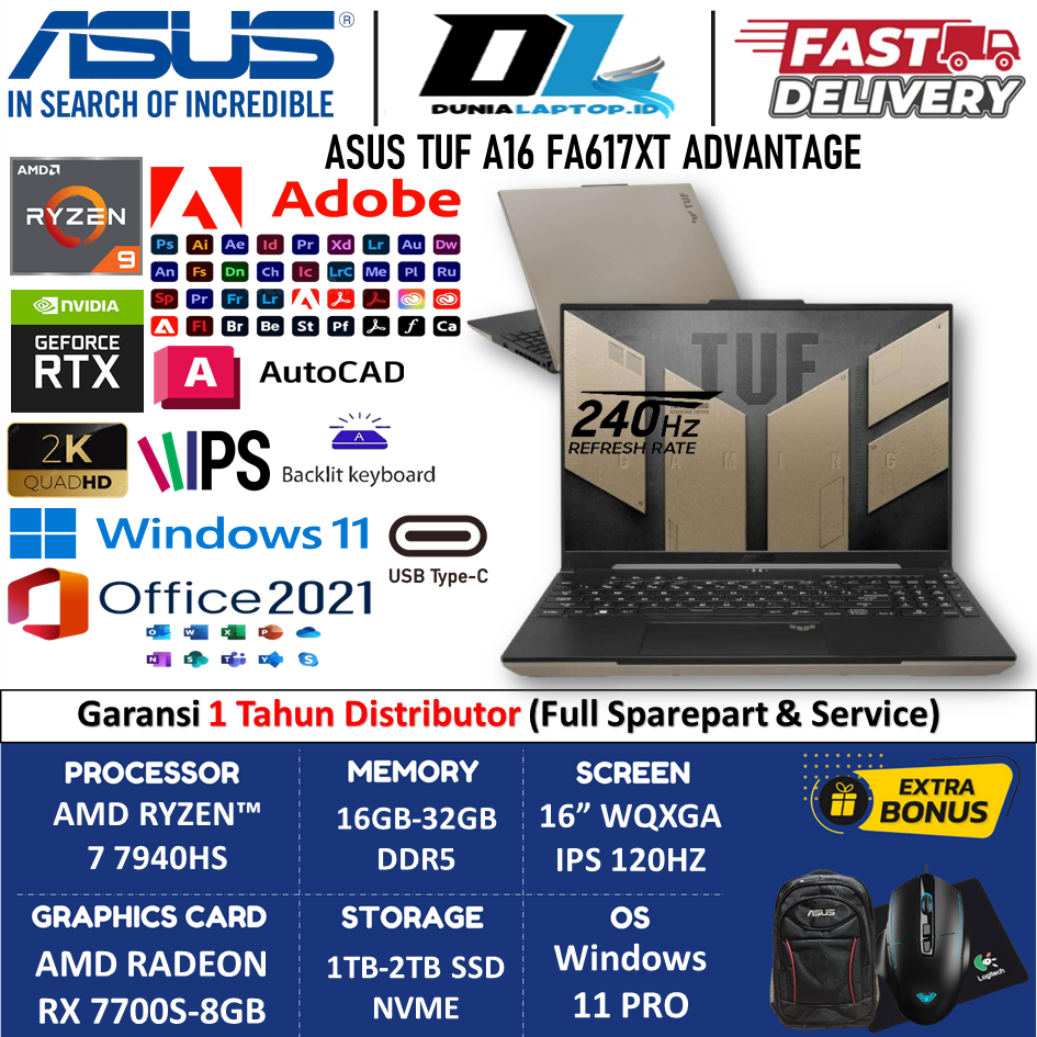 Laptop Gaming Asus TUF A16 FA617XT Advantage AMD Ryzen9 7940HS 32GB DDR5 2TB RX7700S WQXGA 240HZ