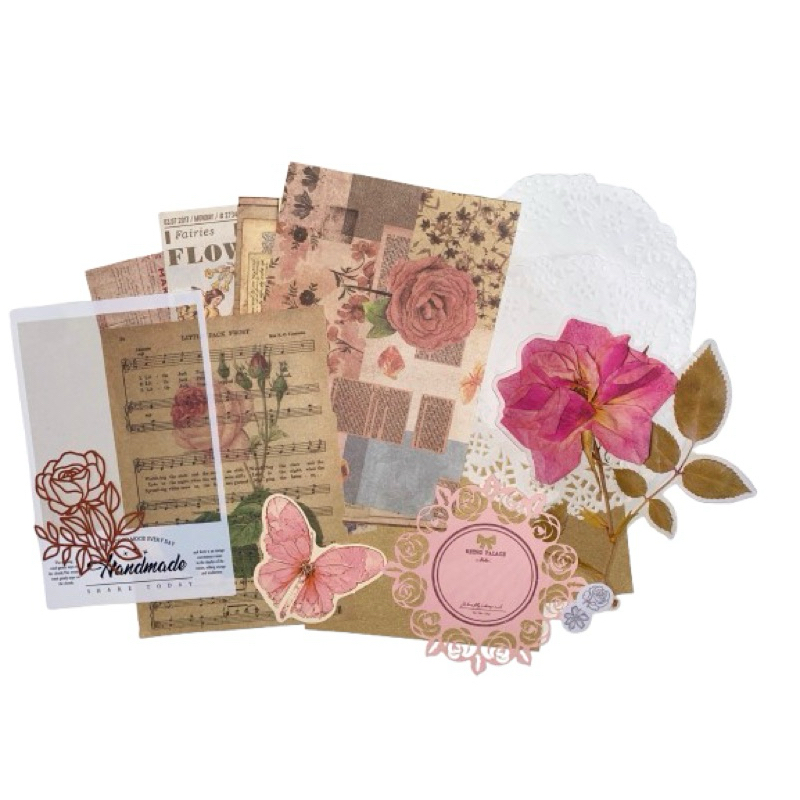 

Vintage Scrapbook Kit 15 PCS | Premium Termurah | Kertas Motif, Stiker, Bunga Kering, Doily DIY