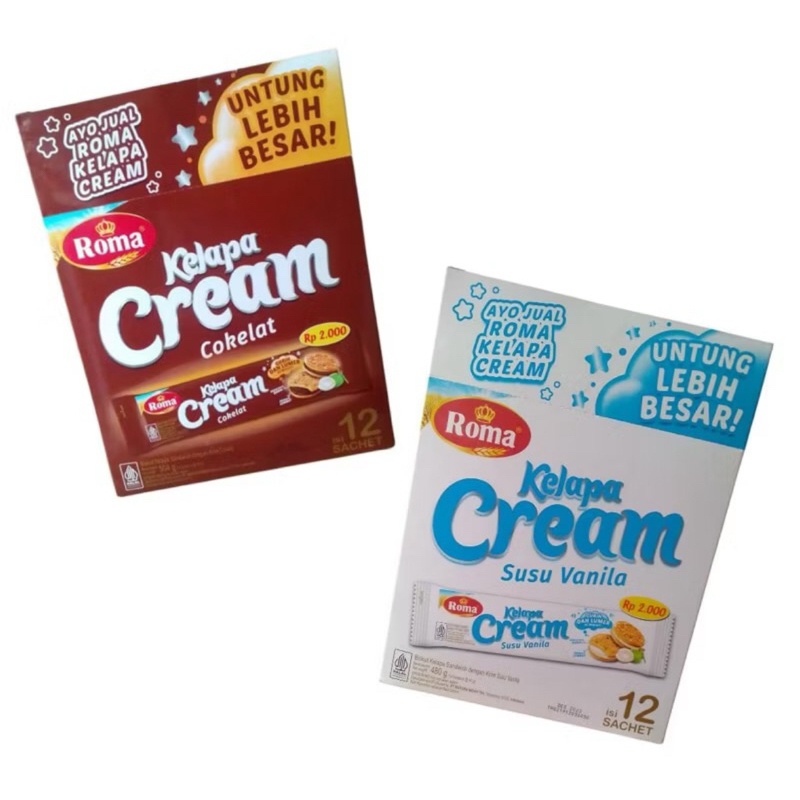 

Roma Kelapa Cream Susu Vanilla dan Cokelat ( 12 pcs x 40g )