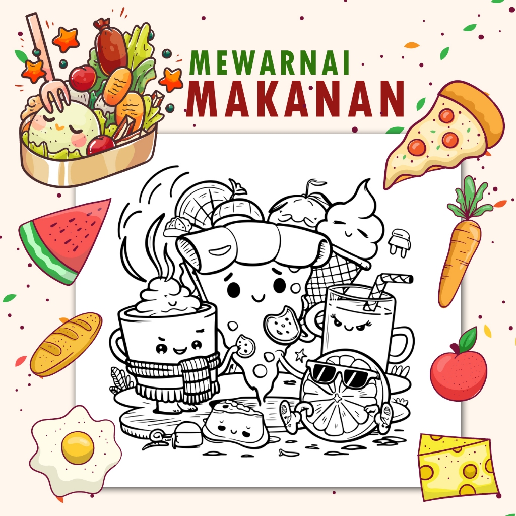 

25 Lembar A5 | Kertas Mewarnai Tema Makanan Kuliner | Kertas Mewarnai Isi 25 Gambar Berbeda | 18.B18
