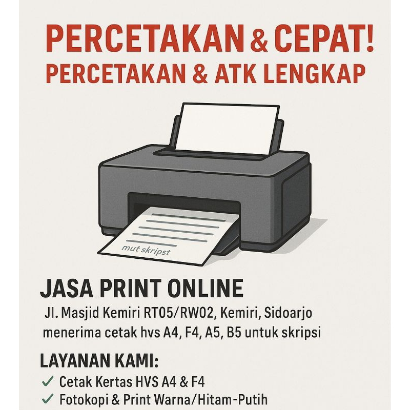 

JASA PRINT HVS 75gsn A4 F4 A5 B5 (minimal order 20pcs)
