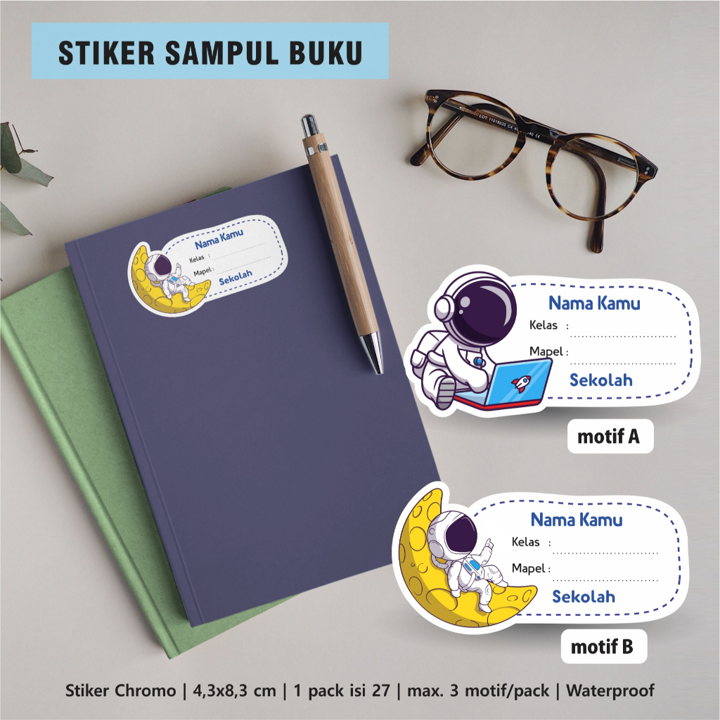 

Stiker nama custom sampul buku Tulis/pelajaran Tema Astronot, Angkasa New Edition