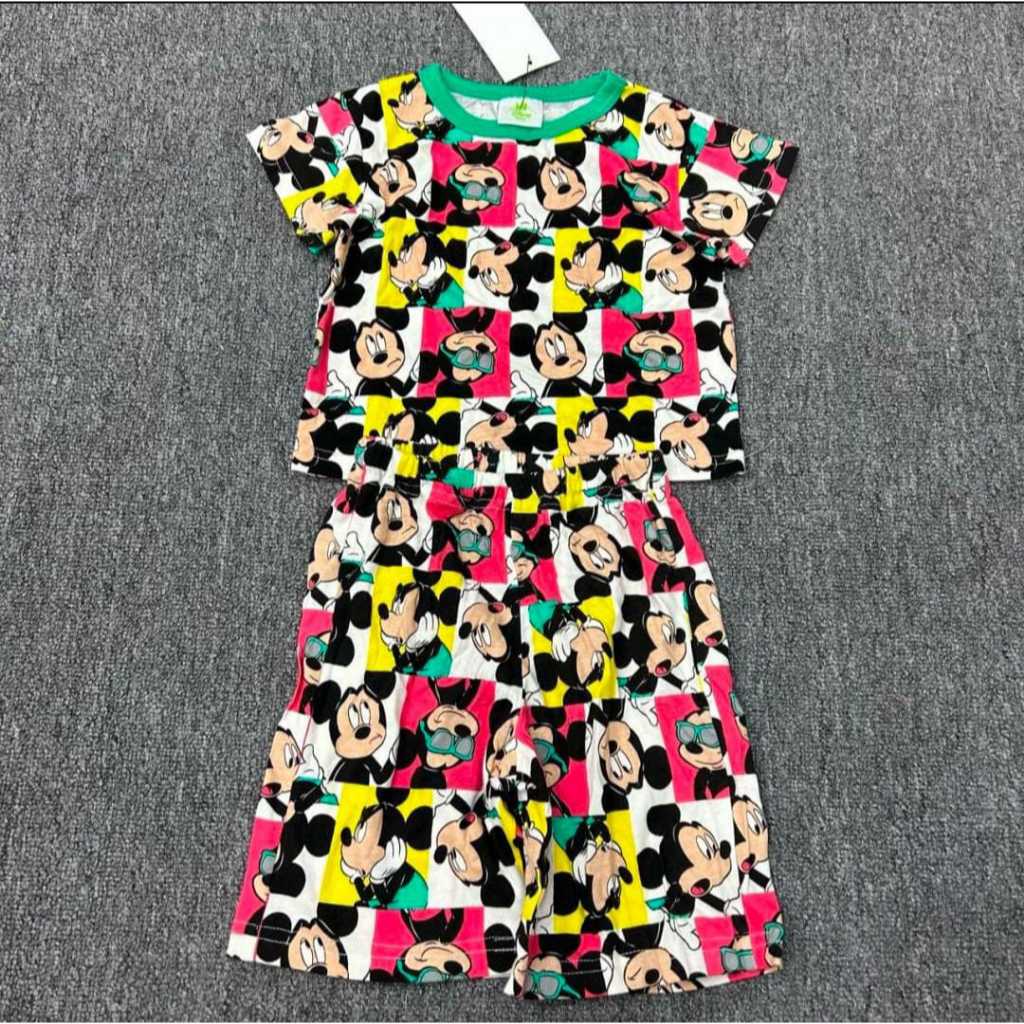 Baju Anak Perempuan Set Lengan Pendek + Rok Kotak-Kotak Mickey Mouse