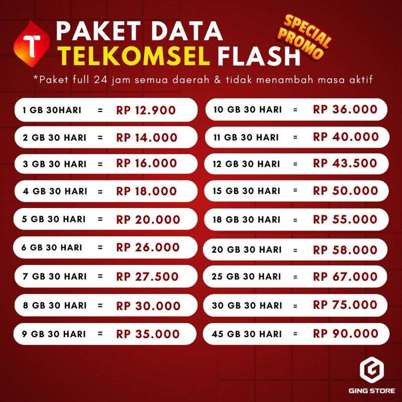 PROMO KUOTA PAKET DATA FULL 24 JAM 1 BLN TELKOMSEL FLASH TERMURAH