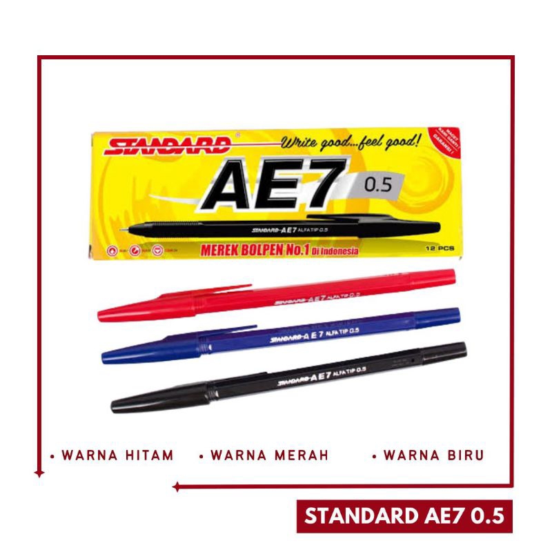 

Pulpen Standard AE7 0.5mm – Tinta Warna Hitam, Merah, Biru – Lancar dan Nyaman Digunakan