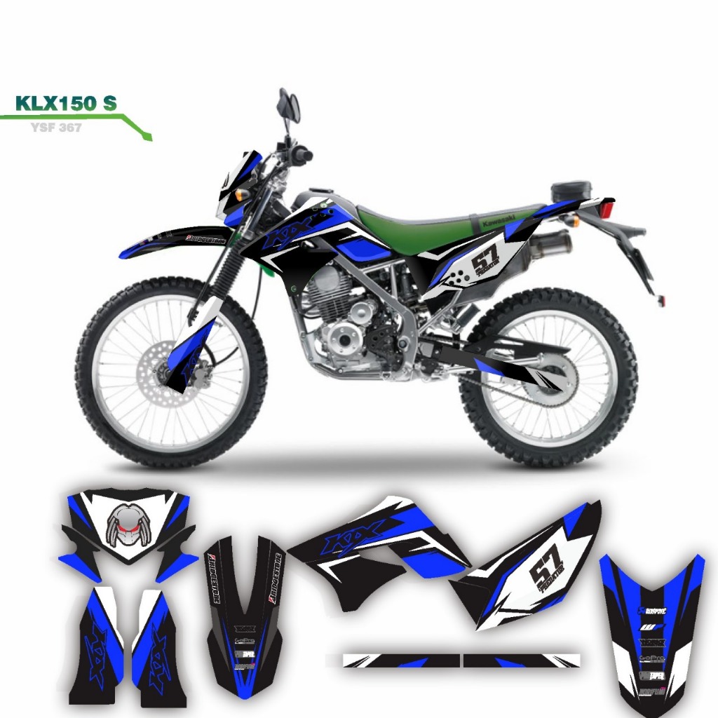 decal keren stiker full body klx 150 s variasi striping motif  grafis hitam putih biru