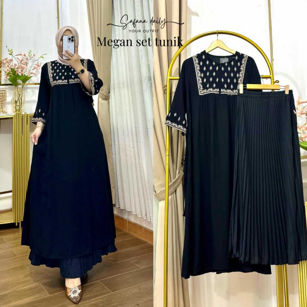 Megan Set Tunik Muslimah Fira Store – Wudhu & Busui Friendly, Rok Plisket, Saku Kanan, All Size Fit 