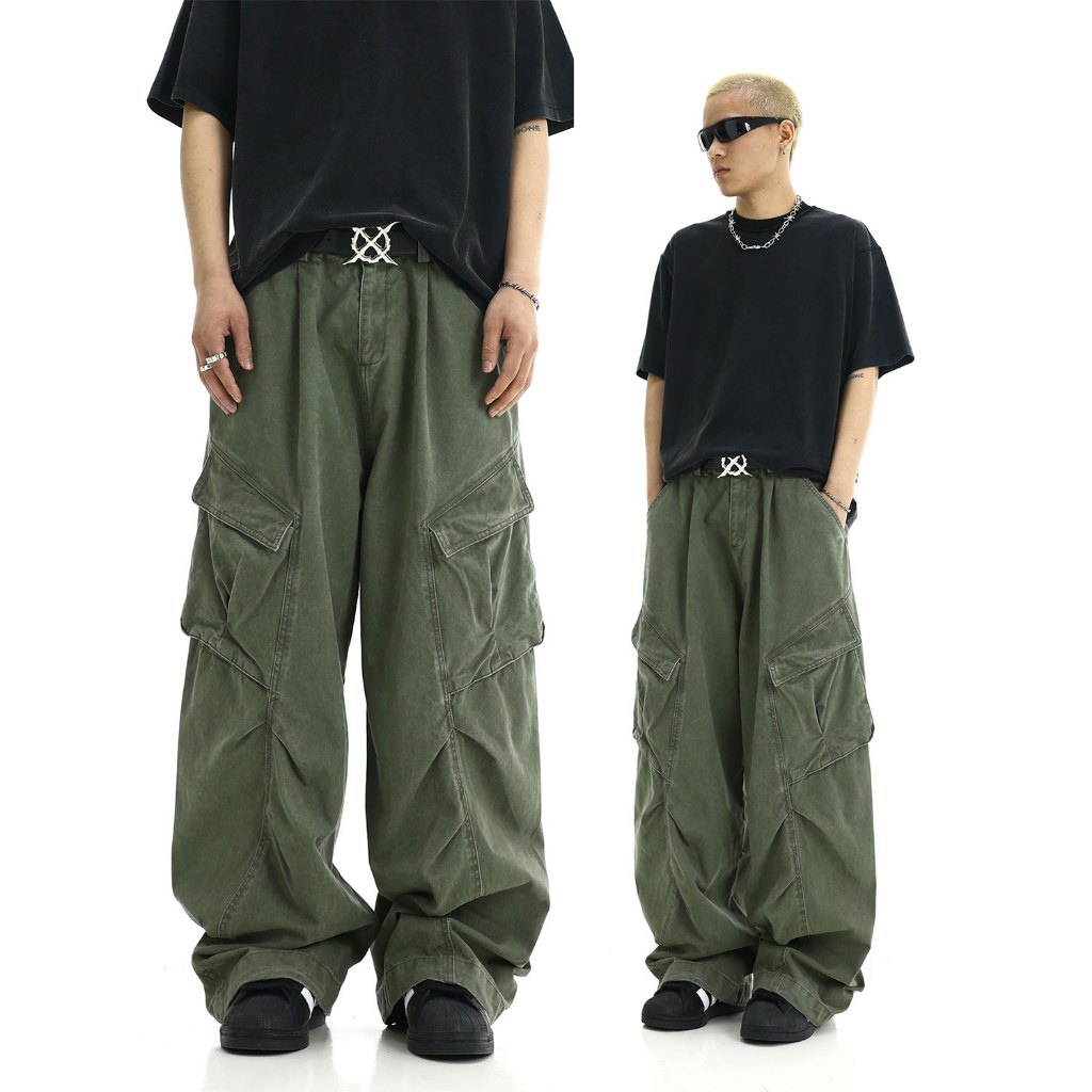 Celana Jeans Cargo Panjang Unisex Korean Street Style Washed Vintage Detail Struktural Loose Fit Bah