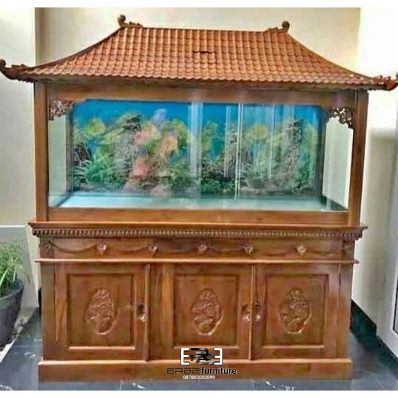 meja aquarium bufet kabinet aquarium kayu jati model rumah + kaca