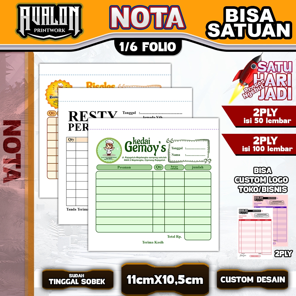 

Nota Custom Bisa Satuan - 1/6 folio - 2PLY - 50/100 lembar