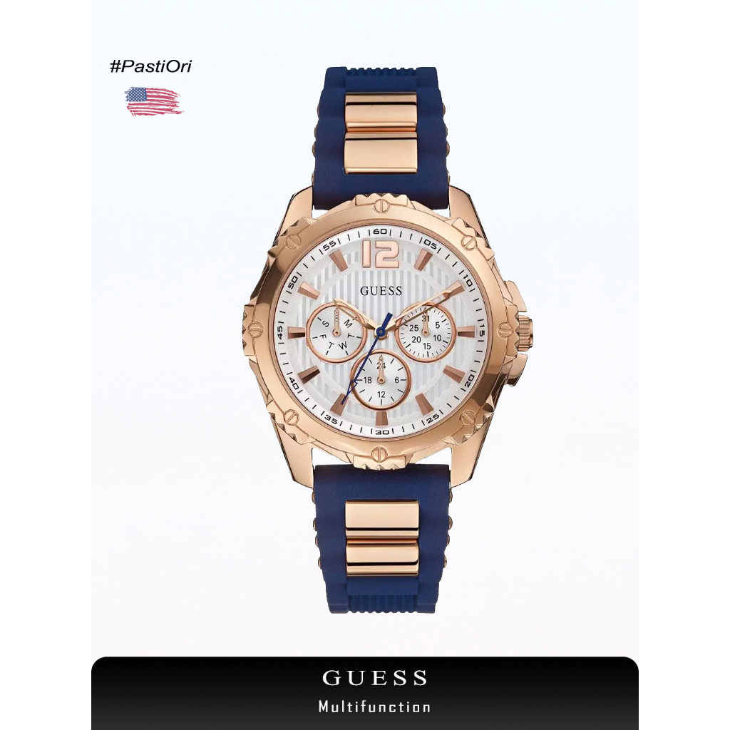 Jam Tangan Wanita Guess Water Resist Multifunction Navy Silicone Rubber Strap Original 40mm