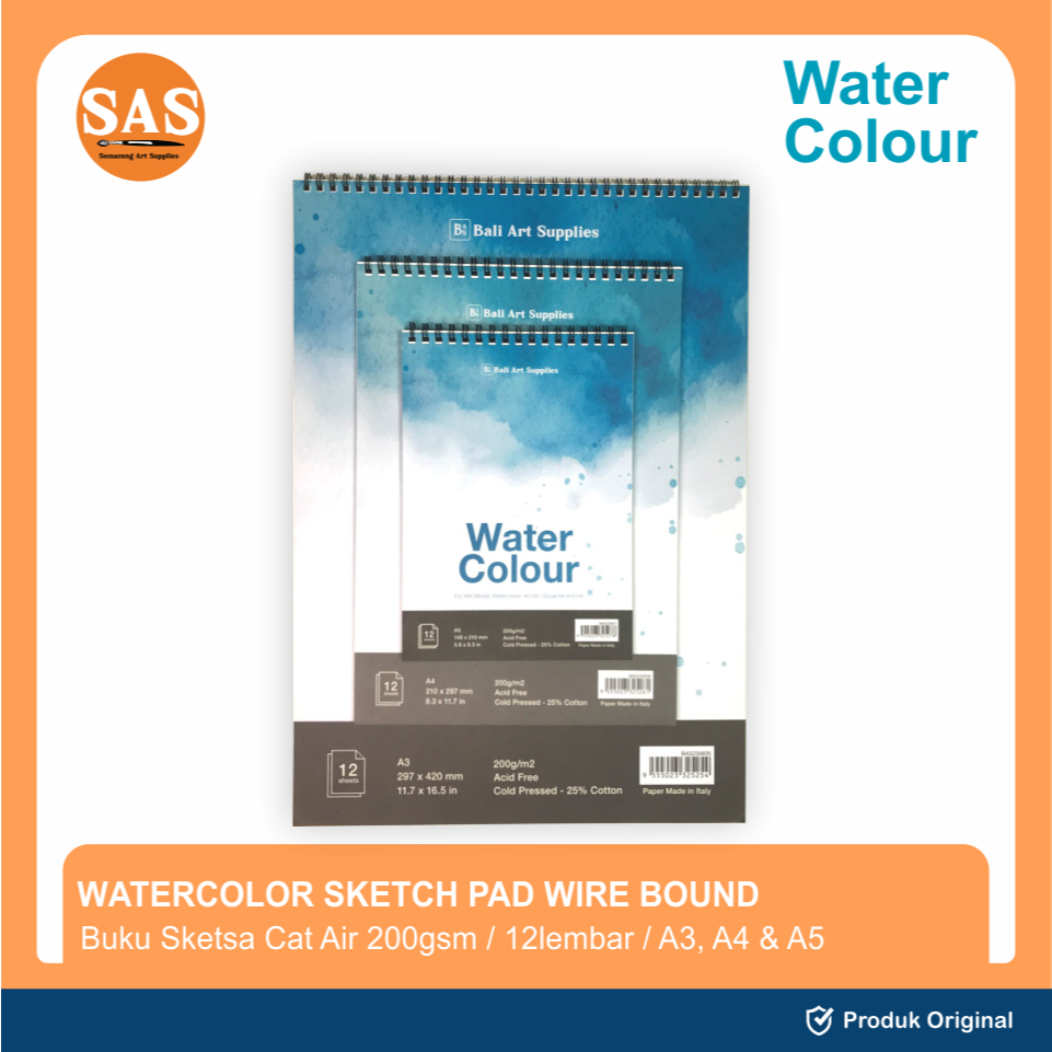 

Bali Art Supplies - Watercolor Book Wire Bound 12 Lembar A3/A4/A5 200gsm - Buku Cat Air