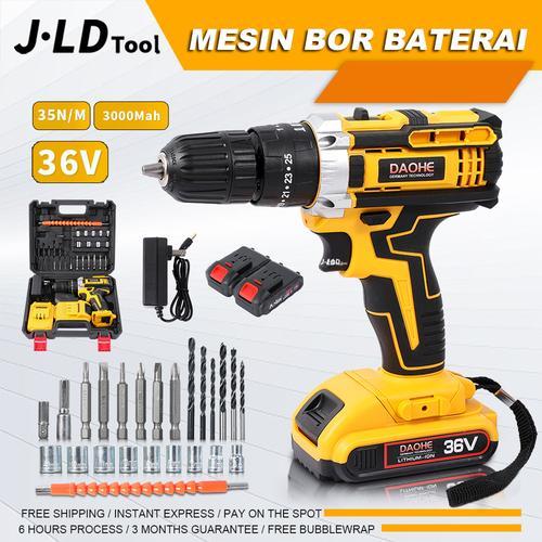 DAOHE Mesin Bor Baterai 36vf 25+3 Cordless Impact Lengkap 2 Baterai Fullset Koper 35NM 10MM Chuck 10