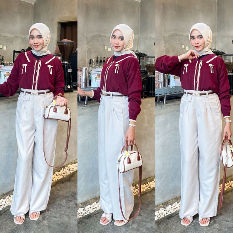 One Set Wanita / Cardigan Knit Pita + Oro Pants Haighwaist / Setelan Wanita / Setelan Wanita Kekinia