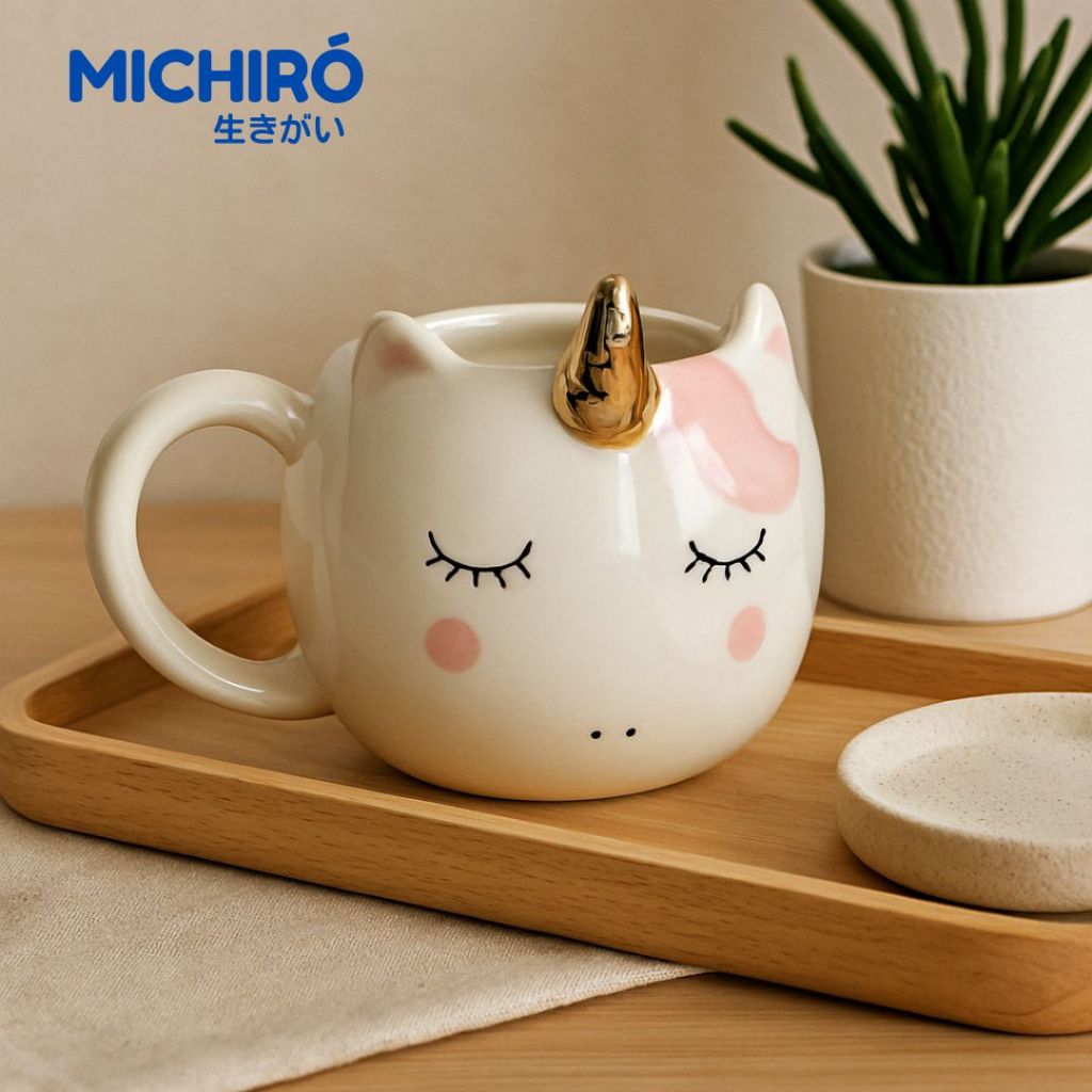 Michiro Mug/Gelas Bahan Keramik Lucu Kepala/Tanduk Unicorn Sleepy Unicorn Head Mug Pink