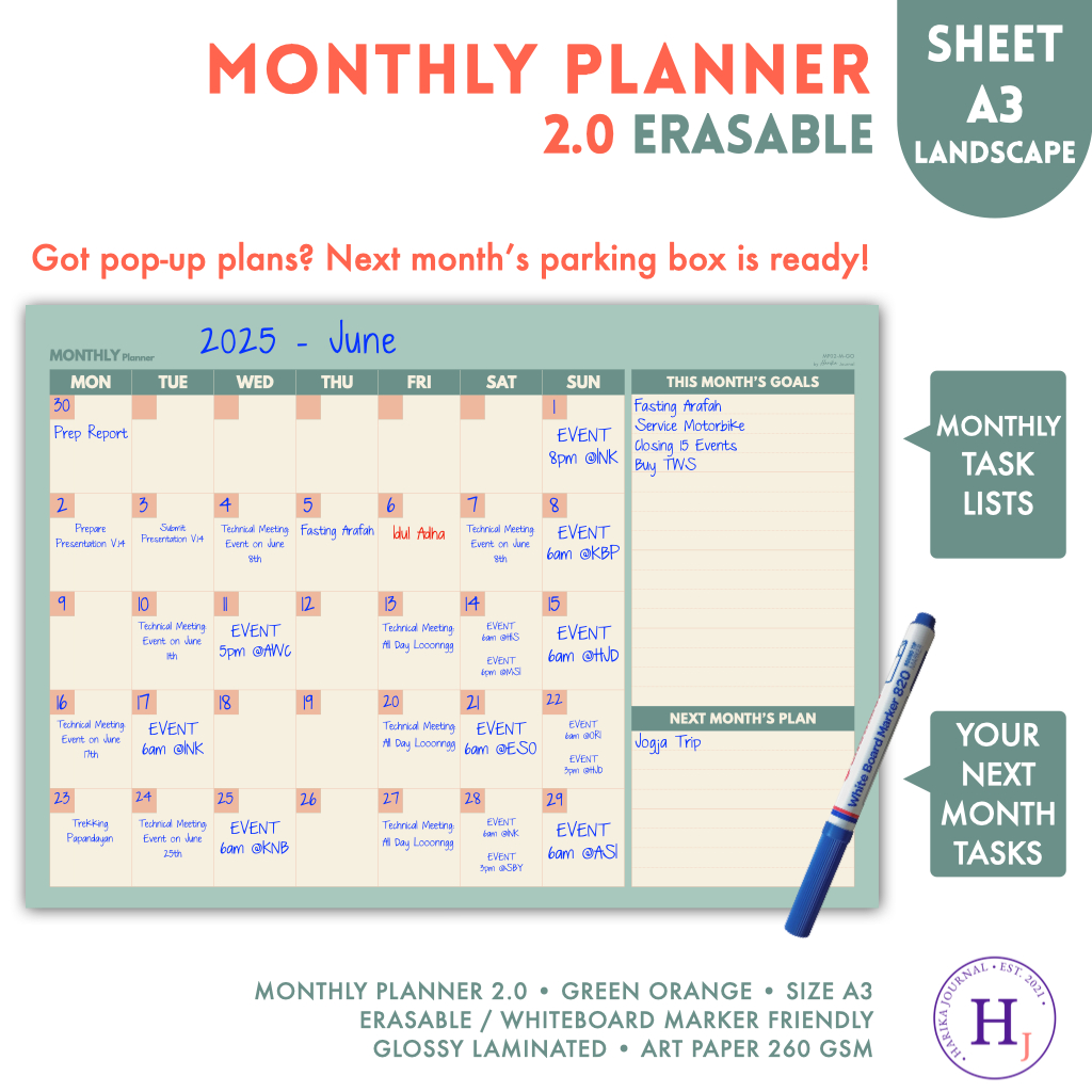 

Monthly Planner 2.0 | A3 | Kalender | Erasable / Tulis Ulang / Whiteboard