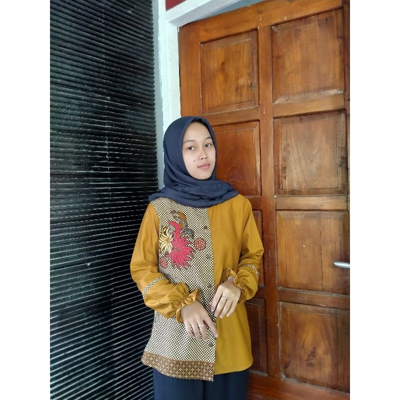 BLUS ETNIC BATIK KOMBINASI POLOS BLOUSE KERJA WANITA KEMEJA KERJA WANITA BATIK POLOS